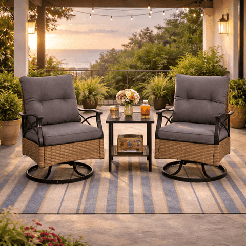 Patio Furniture Set, 3 Pieces Outdoor Swivel Rocker Chairs Set of 2, Rattan Wicker Conversation Set with 2 Rocking Swivel Chairs & Side Table, 360° Rotation Deep Seating for Porch Backyard Deck