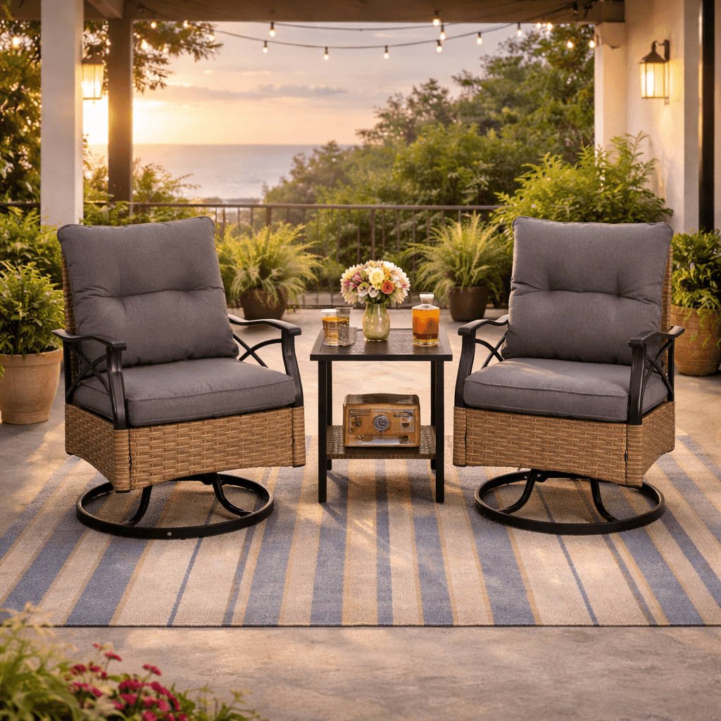 Patio Furniture Set, 3 Pieces Outdoor Swivel Rocker Chairs Set of 2, Rattan Wicker Conversation Set with 2 Rocking Swivel Chairs & Side Table, 360° Rotation Deep Seating for Porch Backyard Deck