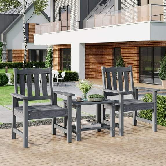 Patio Chairs & Table Set of 3, 2 pcs Garden Bistro Chairs with End Table, All-Weather HIPS Dining Chair Set, 400 lbs Weight Capacity, Outdoor Patio Furniture, Grey