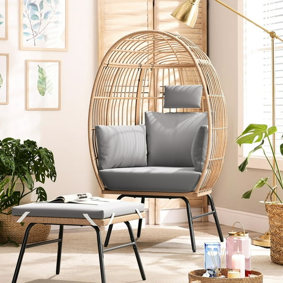 Patio Chaise Egg Chair With Cushions - 400 Pound Capacity, Ergonomic Back Support, Construction, Thick Seat Cushion, Blue And Neutral, 2 Seater, European Modern Chic Outdoor Lumbar Cushion Footstool