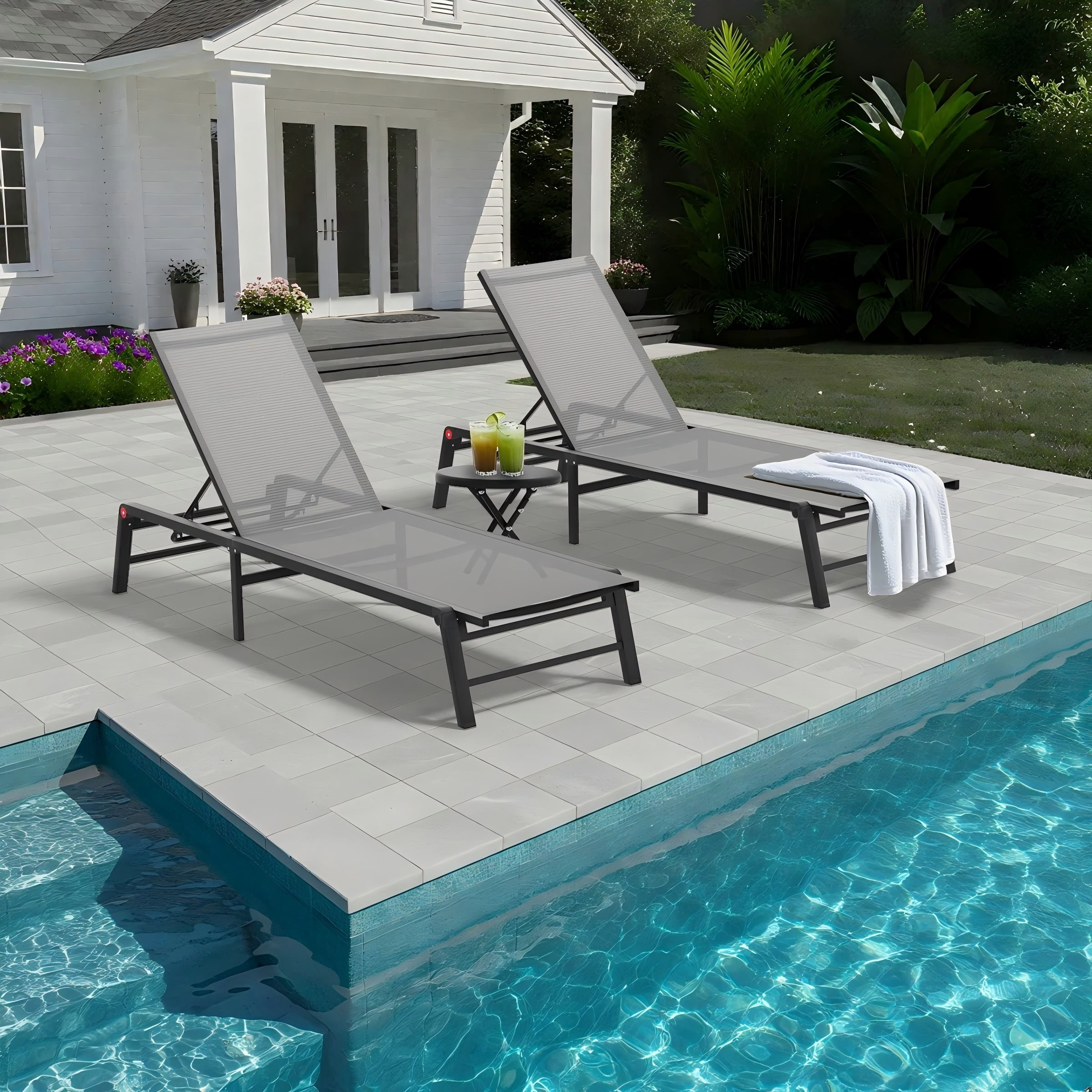 Patio Chaise Lounge, 2 Pack No Assembly Aluminum Reclining Pool Lounge Chair Adjustable Backrest for Sunbathing, Grey