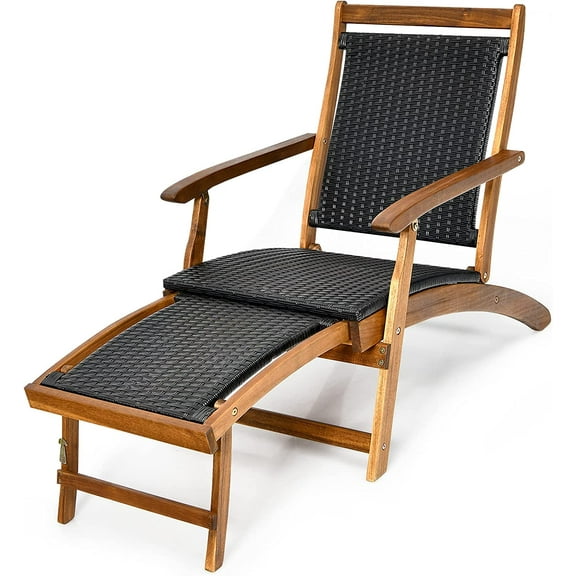Patio Chaise Lounge Chair - Acacia Wood Folding Rattan Wicker Chair w/Retractable Footrest, Space-Saving Ergonomic Deck Chair for Garden, Poolside, Patio