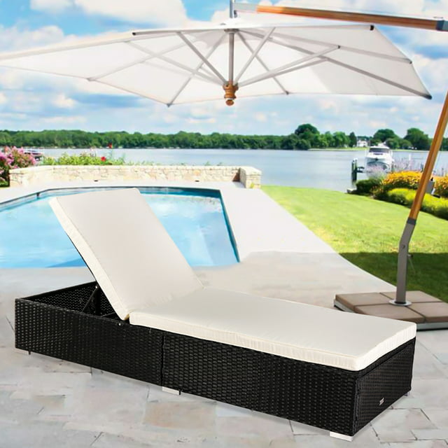 Patio Chaise Lounge Chair, Rattan Wicker Folding Chaise Lounge, All-Weather Sun Chaise Lounge Furniture, Pool Furniture Sunbed with Cushion, Tanning Lounge Chair with 5 Adjustable Positions