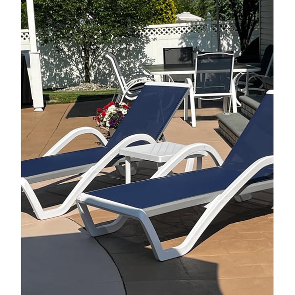Patio Chaise Lounge Chair Set of 3 Outside Aluminum Plastic Stackable Tanning Chairs with Armrests and Side Table for Pool Sunbathing Beach Deck Outdoor Lounger, Navy Blue
