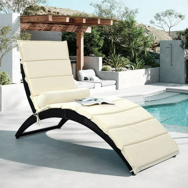 Patio Chaise Lounge Chair, Sun Lounger, PE Rattan Foldable Chaise Lounger with Removable Cushion and Bolster Pillow, Weather Cover, and Removable Cushion, Beige