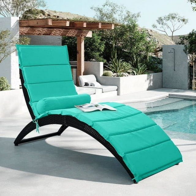 Patio Chaise Lounge Chair, Sun Lounger, PE Rattan Foldable Chaise Lounger with Removable Cushion and Bolster Pillow, Weather Cover, and Removable Cushion, Blue