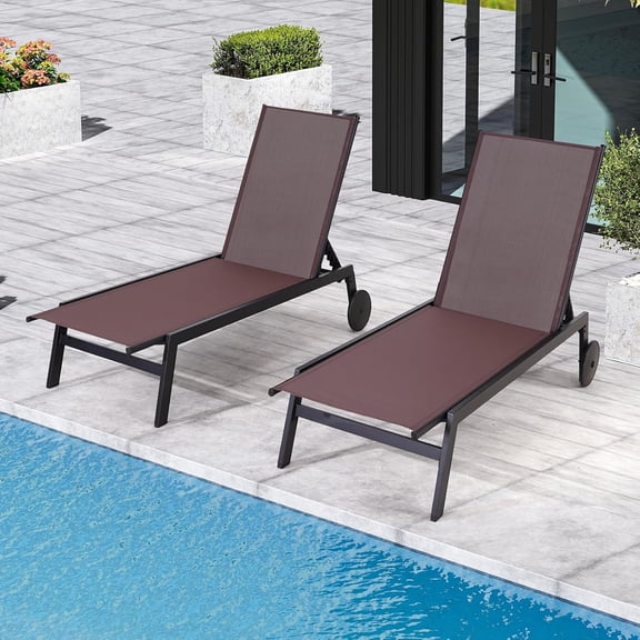 Patio Chaise Lounge Chair with Wheels, Set of 2 Outdoor Lounge Chairs with Adjustable Backrest, Waterproof Poolside Lounge Chairs