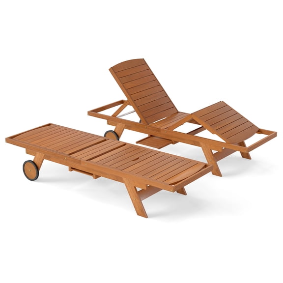 Patio Chaise Lounge Chair with Wheels and Adjustable Backrest, Outdoor Wood Lounger