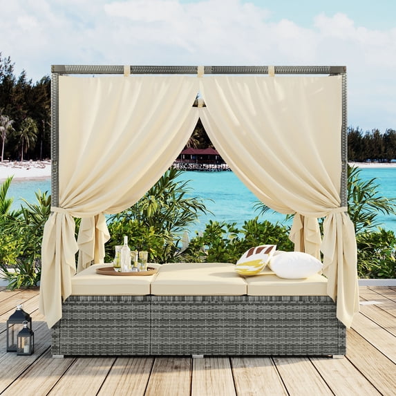 Patio Chaise Lounge, PE Rattan Outdoor Patio Wicker Sunbed Daybed for 2-6 people, Adjustable Sun Bed with Four-sided Canopy, Overhead Curtain and Cushions for Backyard, Garden, Poolside, Beige