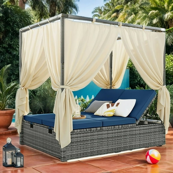 Patio Chaise Lounge, PE Rattan Outdoor Patio Wicker Sunbed Daybed for 2-6 people, Adjustable Sun Bed with Four-sided Canopy, Overhead Curtain and Cushions for Backyard, Garden, Poolside, Blue