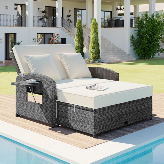 Patio Chaise Lounge, PE Wicker Rattan 2-Person Reclining Daybed Sofa with Adjustable Back, Cushions and Furniture Cover for Patio, White