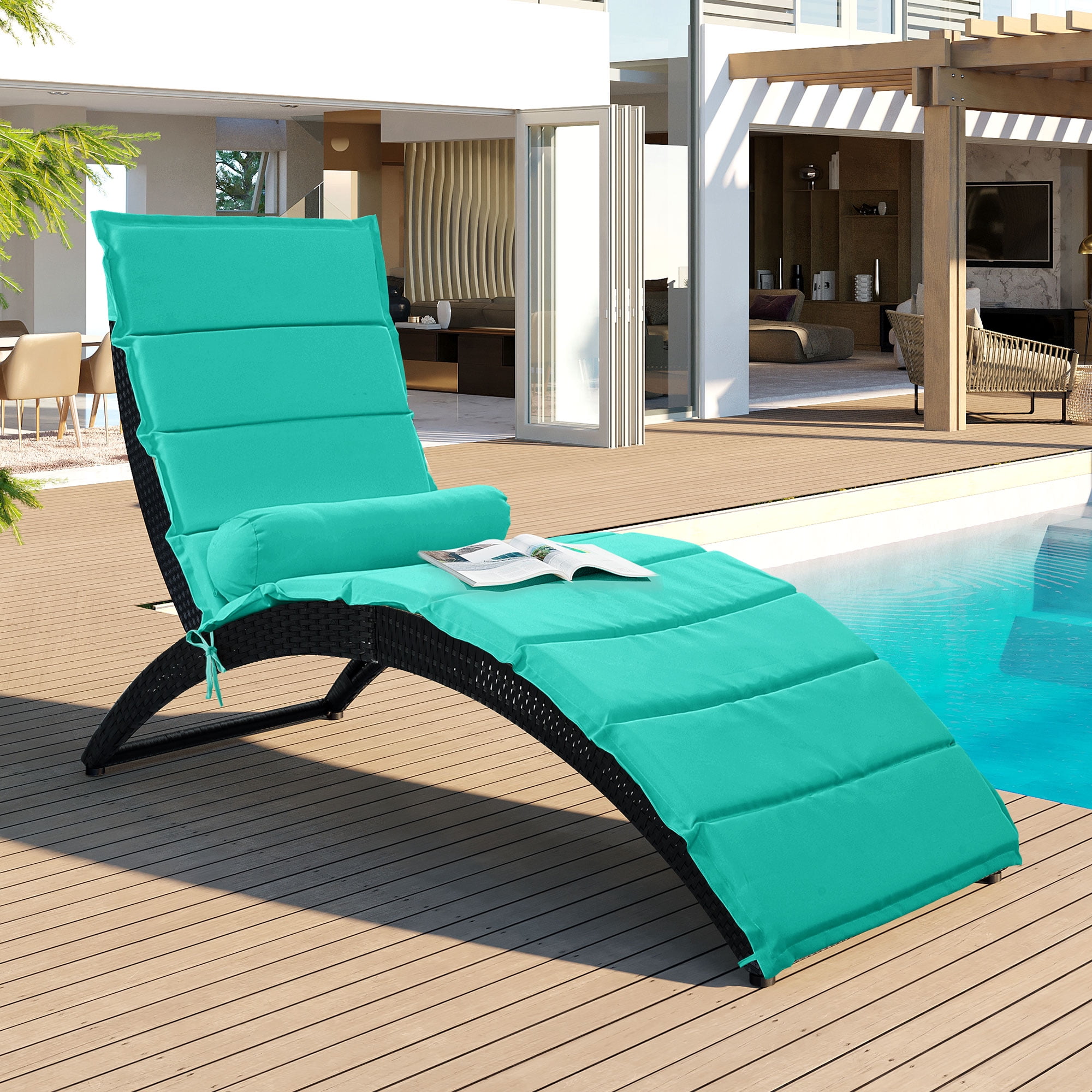 Patio Chaise Lounge, Reclining Camping Chair, PE Rattan Folding Sun