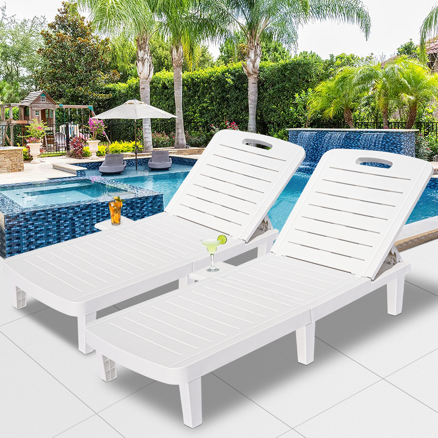 Patio Chaise Lounge Set of 2, Chaise Lounge Chairs Patio Furniture Set with Adjustable Back and Retractable Tray, All-Weather Plastic Reclining Lounge Chairs for Beach, Backyard, Garden, Pool, LLL1714 - image 1 of 10