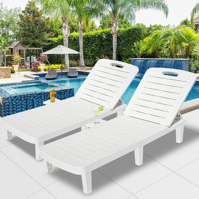 Patio Chaise Lounge Set of 2, Chaise Lounge Chairs Patio Furniture Set with Adjustable Back and Retractable Tray, All-Weather Plastic Reclining Lounge Chairs for Beach, Backyard, Garden, Pool, LLL1714