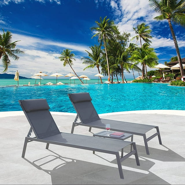 Patio Chaise Lounge Set (2024 New) -3 Pieces Adjustable Backrest Pool Lounge Chairs Steel Textilene Sunbathing Recliner with Headrest by domi outdoor living (Grey)