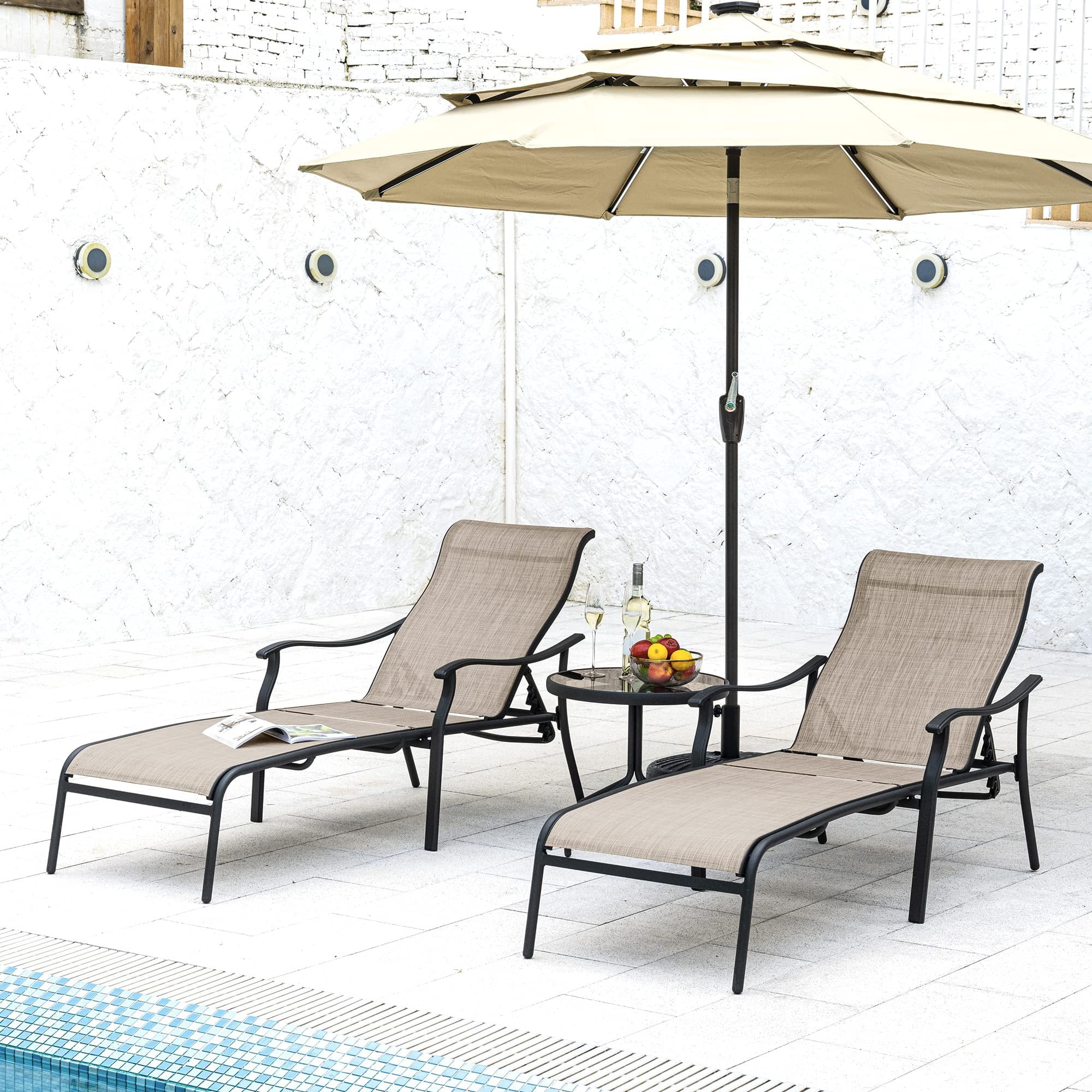 Patio Chaise Lounge Set 3 Piece Outdoor Lounge Chairs with Table Adjustable Pool Lounge Chair Textilene Fabric for Patio Backyard Poolside, Brown