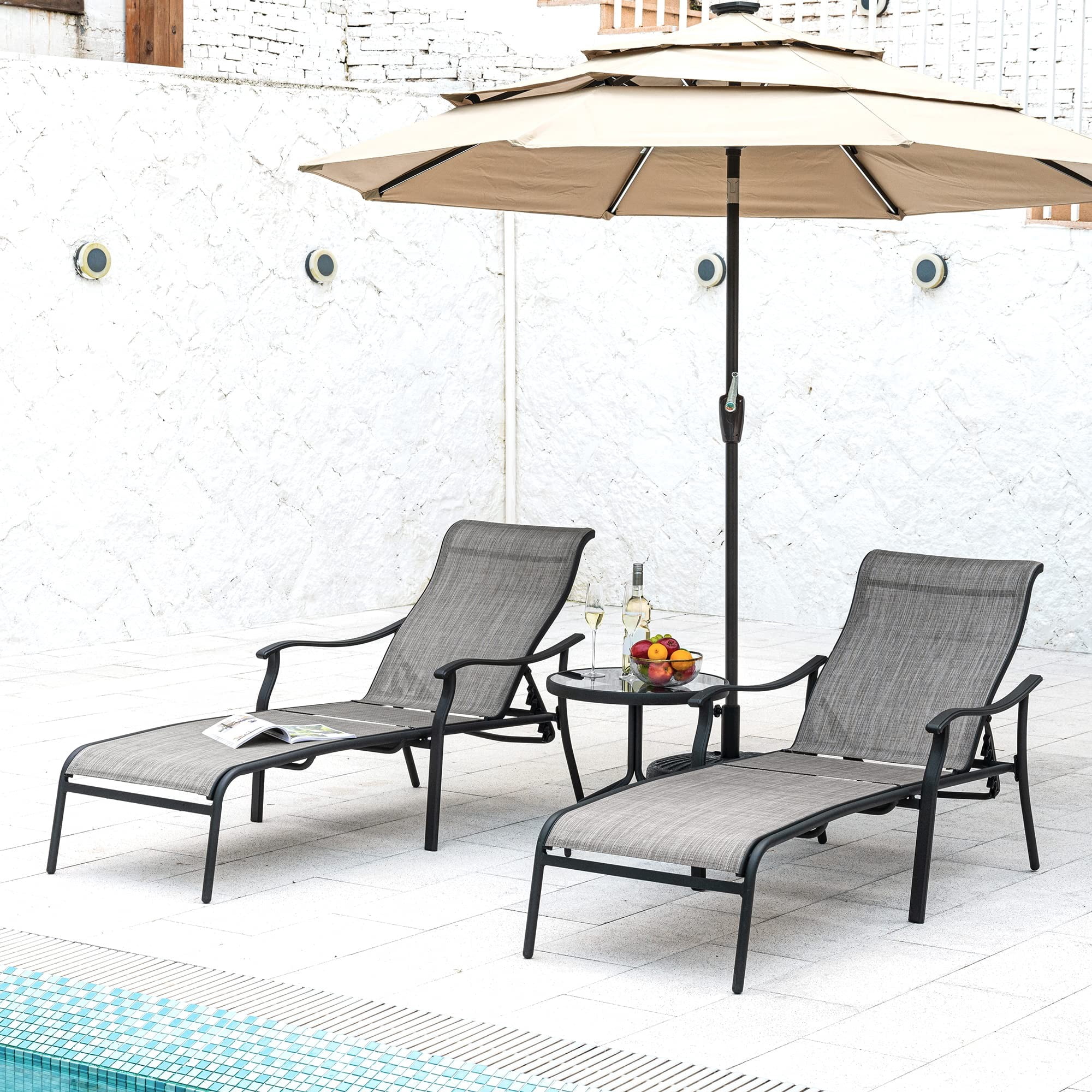 Patio Chaise Lounge Set 3 Piece Outdoor Lounge Chairs with Table Adjustable Pool Lounge Chair Textilene Fabric for Patio Backyard Poolside, Gray
