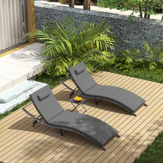 Patio Chaise Lounge Set 3 Pieces Outdoor Lounge Chair with Rattan Adjustable Backrest and Folding Table for Beach Patio,Sand, for Poolside Backyard Porch