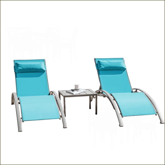 Patio Chaise Lounge Set of 3 2 Chairs + 1 Table for Pool | Lake Blue | Aluminum