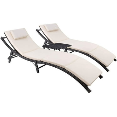 Patio Chaise Lounge Sets Outdoor Rattan Adjustable Back 3 Pieces Cushioned Patio Folding Chaise Lounge with Folding Table (Beige)