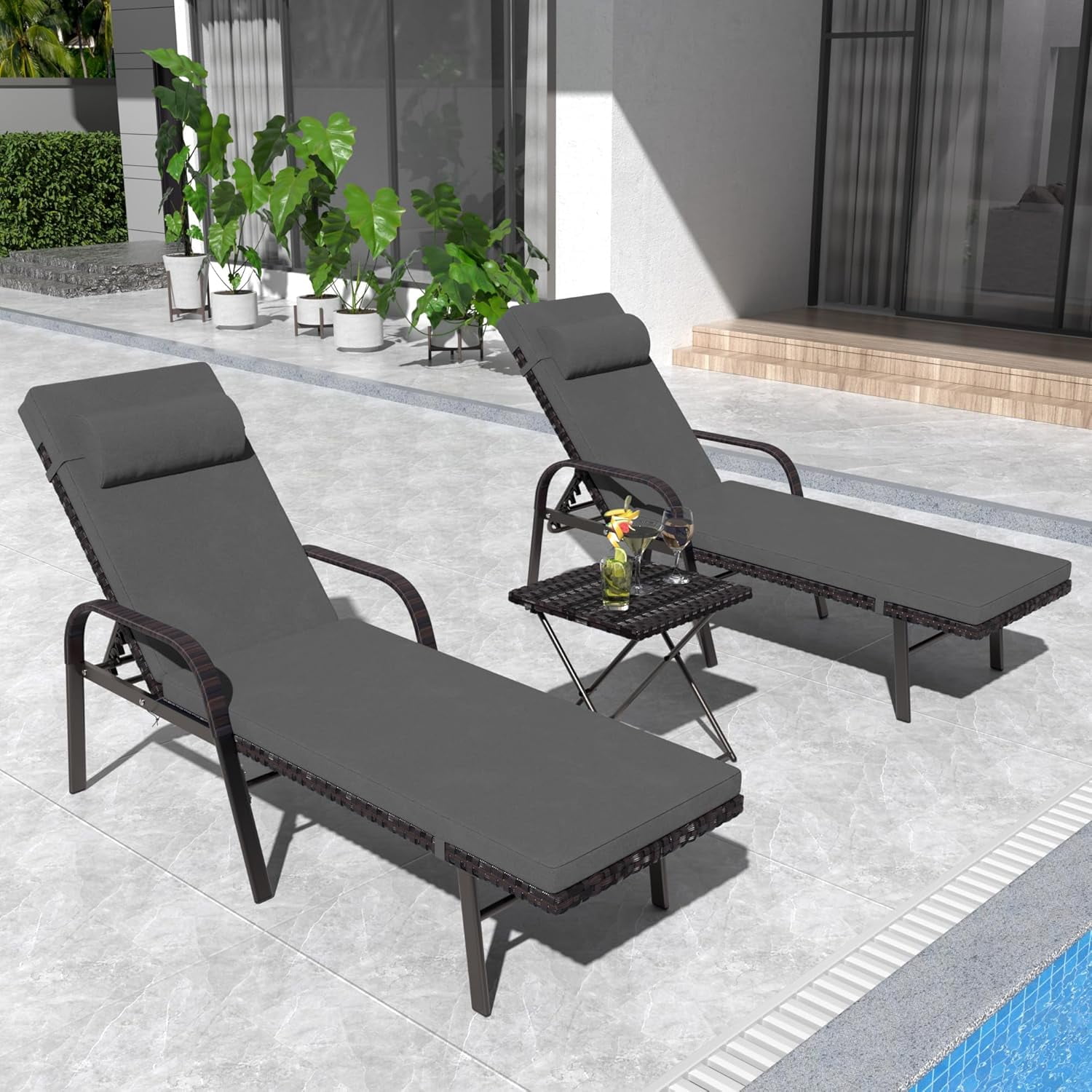 Patio Chaise Lounge Sets Outdoor Rattan Adjustable Back 3 Pieces