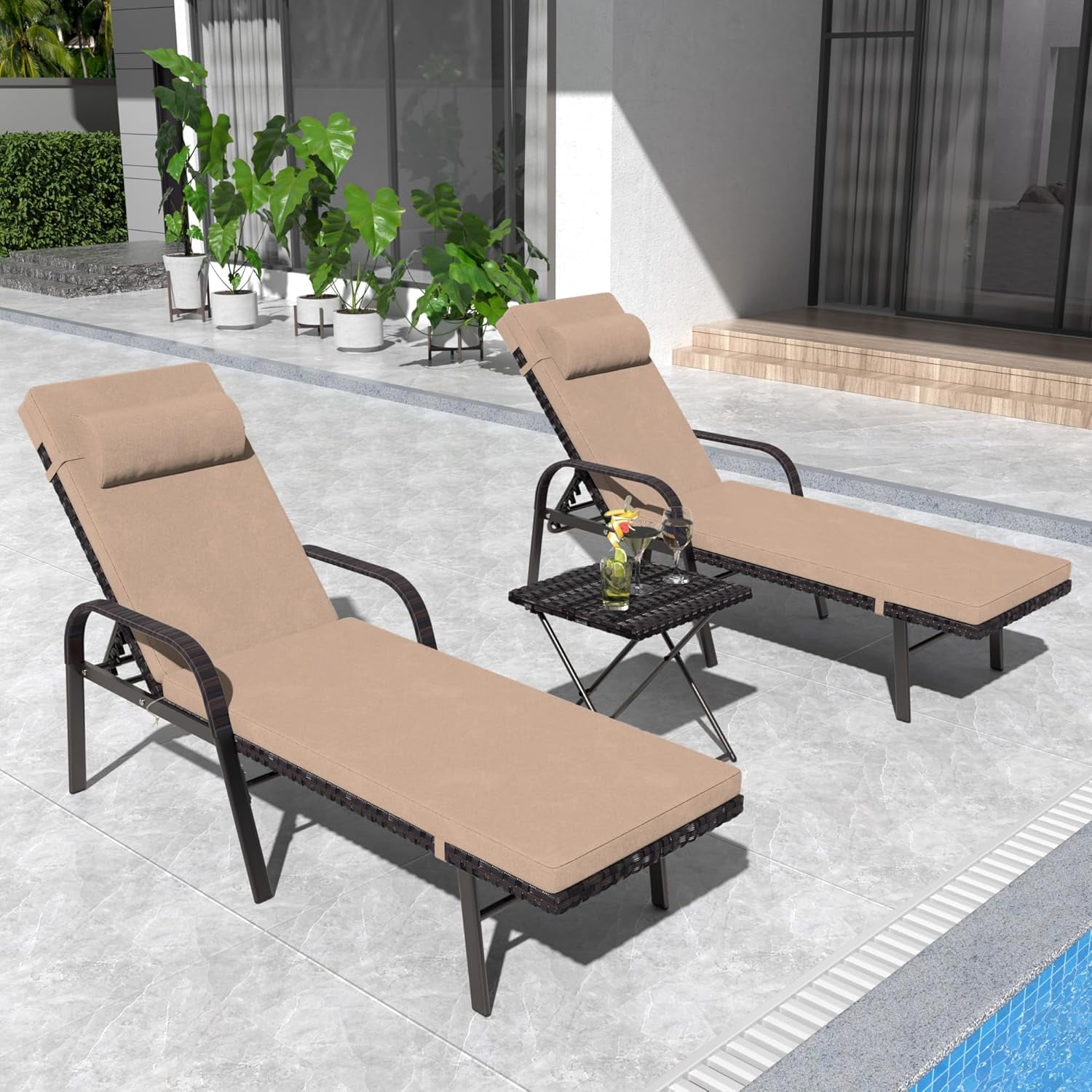 Patio Chaise Lounge Sets Outdoor Rattan Adjustable Back 3 Pieces