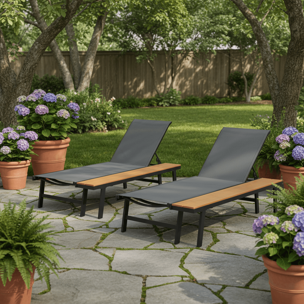 Patio Chaise Lounge with Attached Side Table Set of 2 for Poolside, Black