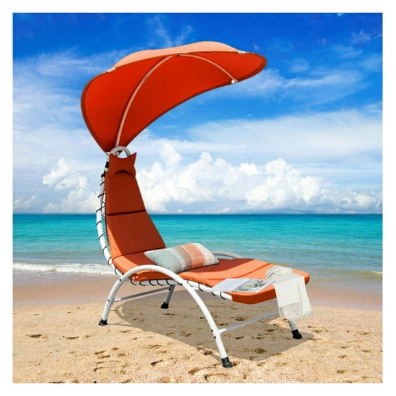Patio Chaise Lounger Chair with Canopy - Outdoor Lounge Bed - Steel Frame, Orange - 300lbs Capacity