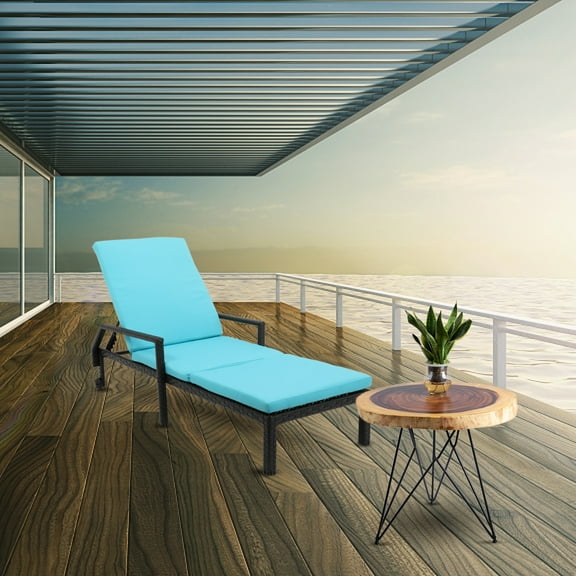 Patio Chaise, Stylish Blue Rattan Chaise Chair with Wheels, Wicker Recliner with Cushioned Seating, Adjustable 5-Position Recliner, PE Rattan Lounger for Outdoor Patio Beach Pool Backyard, SS709