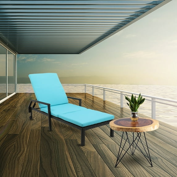 Patio Chaise, Stylish Blue Rattan Chaise Chair with Wheels, Wicker Recliner with Cushioned Seating, Adjustable 5-Position Recliner, PE Rattan Lounger for Outdoor Patio Beach Pool Backyard, SS709