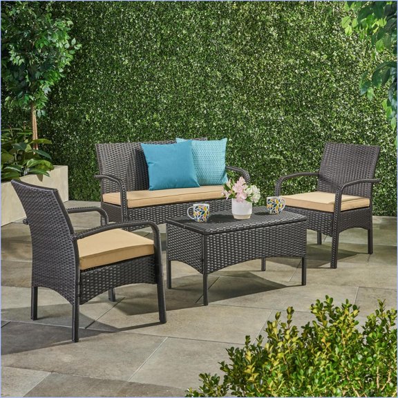 Patio Chat Set 4-Piece Wicker Look Outdoor Furniture | Walnut Brown+Tan | PE Rattan+Iron