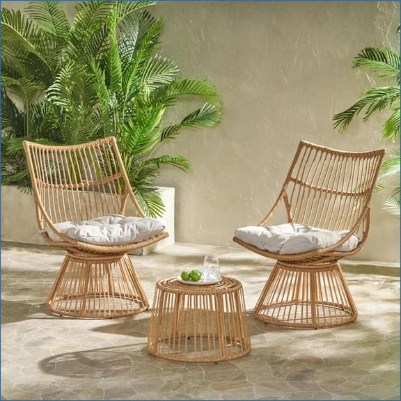 Patio Chat Set Retro Wicker Chair & Cage Side Table | Light Brown | PE Rattan+Iron+Waterproof Fabric