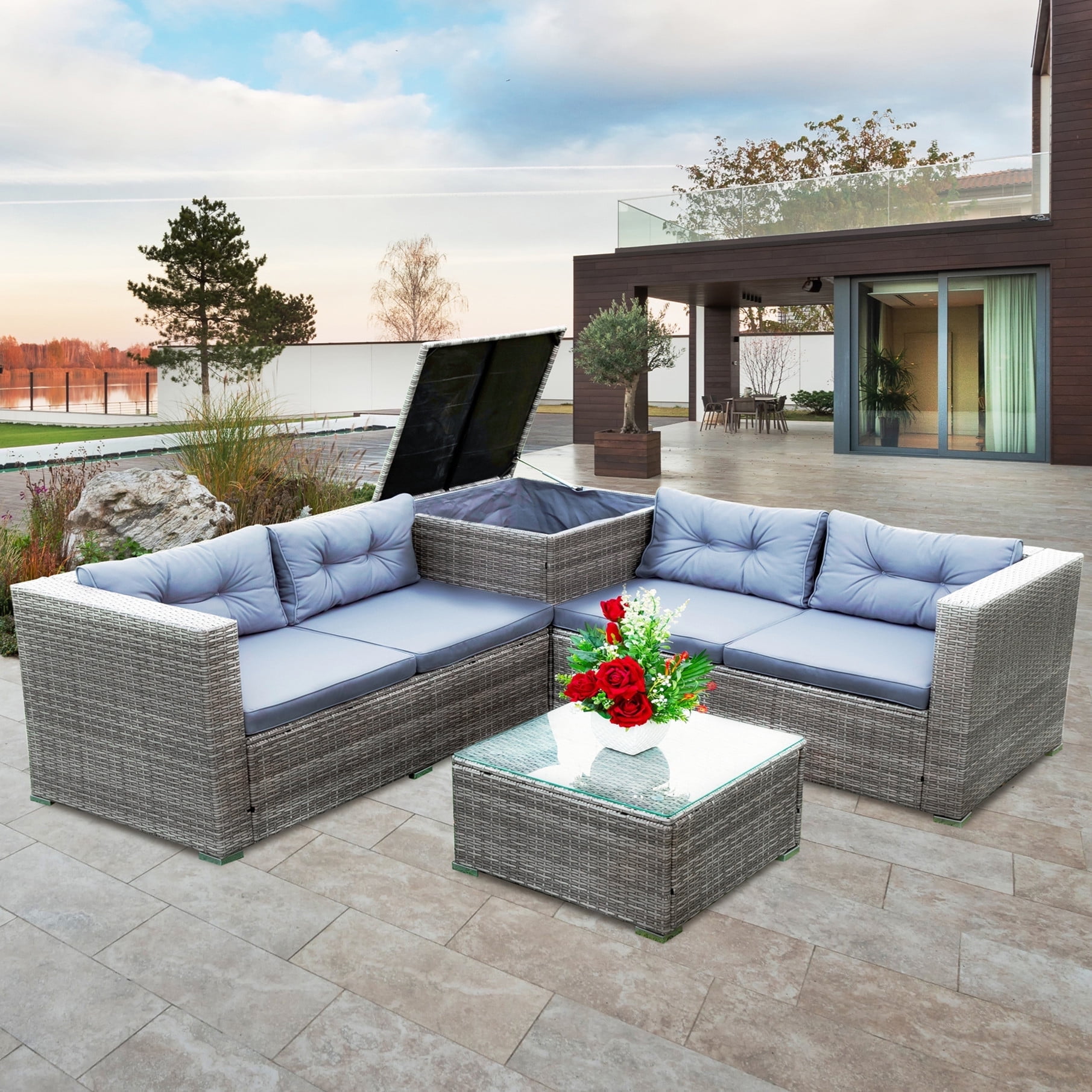 Patio Chat Set with Storage Box 4 Piece Patio Wicker Furniture Set with Coffee Table 2 Sofas PE Rattan Outdoor Conversation Sectional Sofa Set with