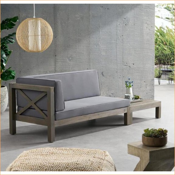 Patio Chat Set with Left-Arm Loveseat & Coffee Table, Modern Rustic Cross-Back | Dark Grey | Acacia Wood