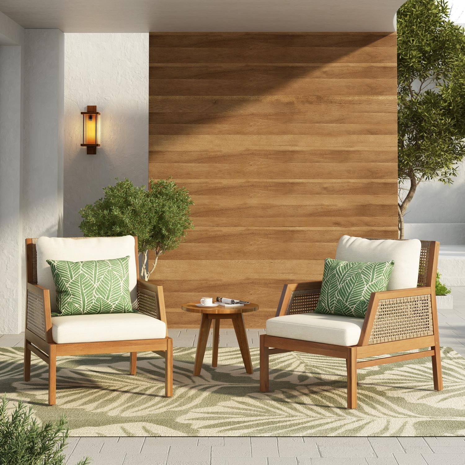 Patio Club Chairs Set of 2 with Acacia Wood and Hand-Woven Flat Wicker, Deep Seating Armchairs and Garden Chairs with Soft Cushions for Backyard, Teak and Cream