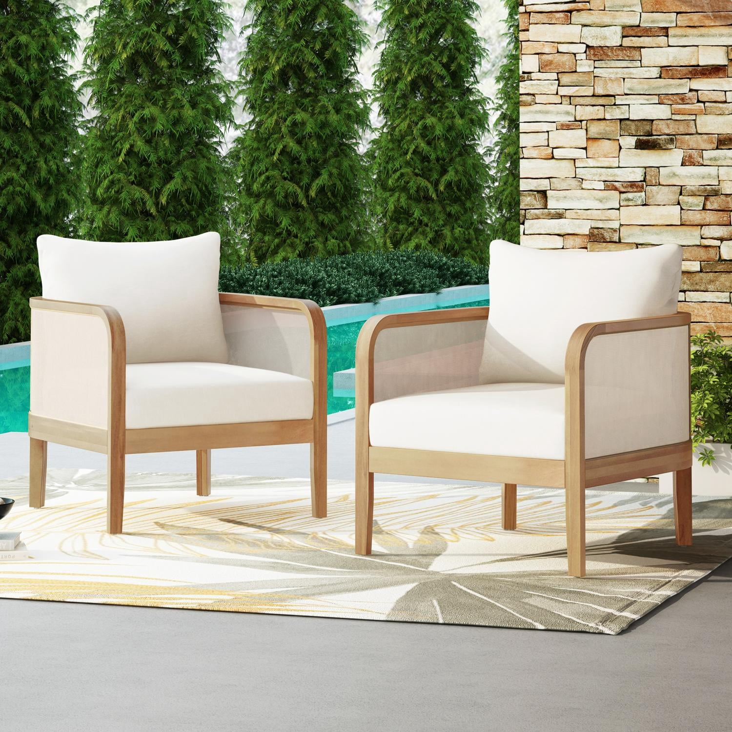 Patio Club Chairs Set of 2 with Acacia Wood and Textilene Mesh, Deep Seating Armchairs and Garden Chairs with Thick Cushions for Porch Backyard, Teak and Beige