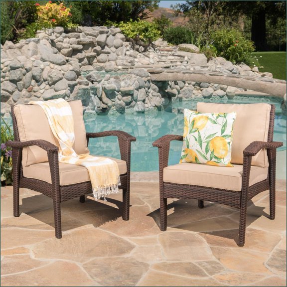 Patio Club Chairs Set of 2, Walnut Brown | PE Rattan + Iron + Waterproof Fabric