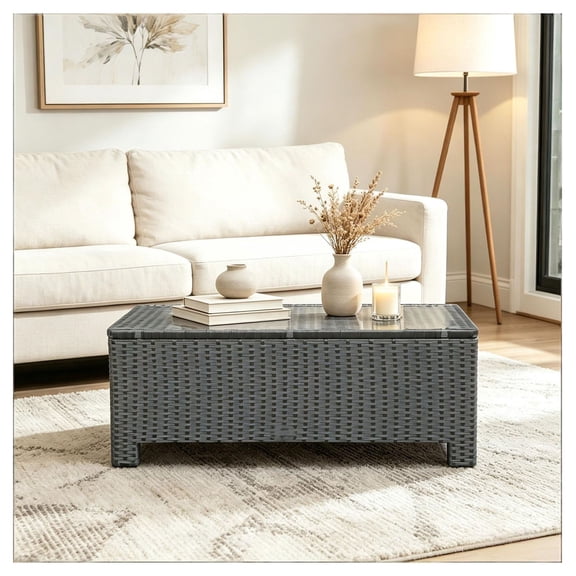 Patio Coffee Table, Black Rattan Outdoor Side Table - Weather Resistant PE Wicker, Tempered Glass Top, Garden Furniture for Deck, Porch, 33.5" Long