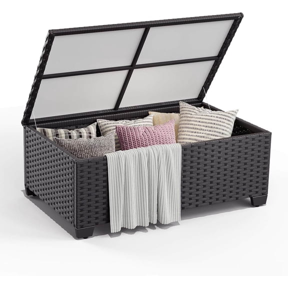 Patio Coffee Table with Storage, All-Weather Wicker Outdoor Side Table with Waterproof Cover, Black