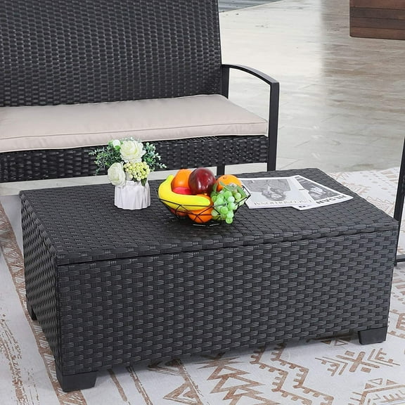 Patio Coffee Table with Storage Wicker Outdoor Coffee Table and All-Weather Wicker Side Table with Waterproof Cover, Black