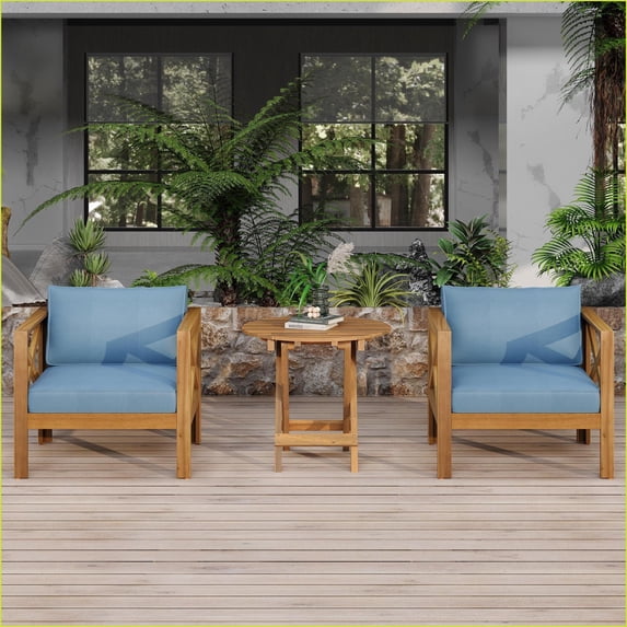 Patio Conversation Set, 2 Acacia Wood Chairs with Navy Blue Cushions & Foldable Teak Table | Acacia Wood | Navy Blue