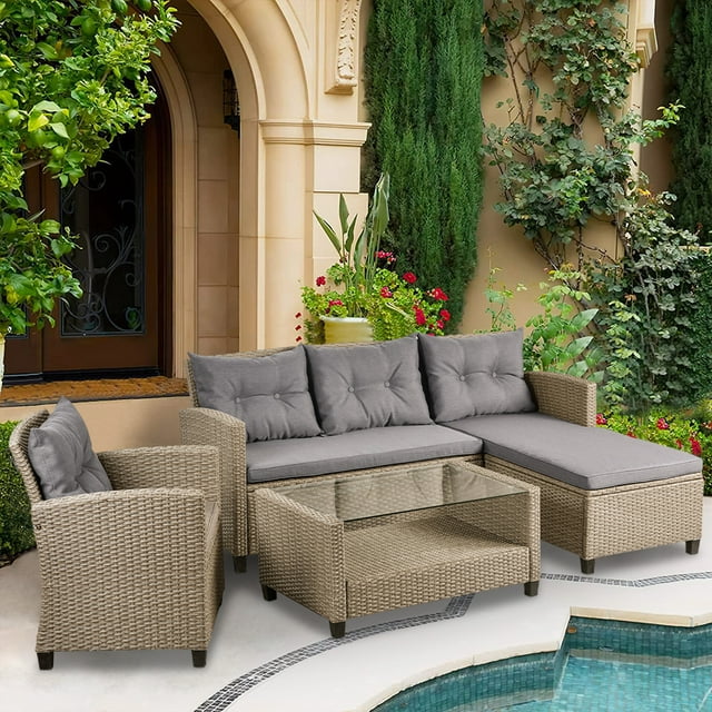 Outdoor Deck Furniture, 4 Piece Outdoor Conversation Set with Loveseat Sofa, Lounge Chair, Wicker Chair, Coffee Table, All-Weather Patio Sectional Sofa Set with Cushion for Backyard Garden Pool, L4970