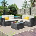 thumbnail image 1 of Patio Conversation Set, 4 Piece Outdoor Wicker Furniture Set with Loveseat Sofa, Storage Box, Tempered Glass Coffee Table, All-Weather Patio Sectional Sofa Set with Cushions for Backyard Garden Pool, 1 of 10