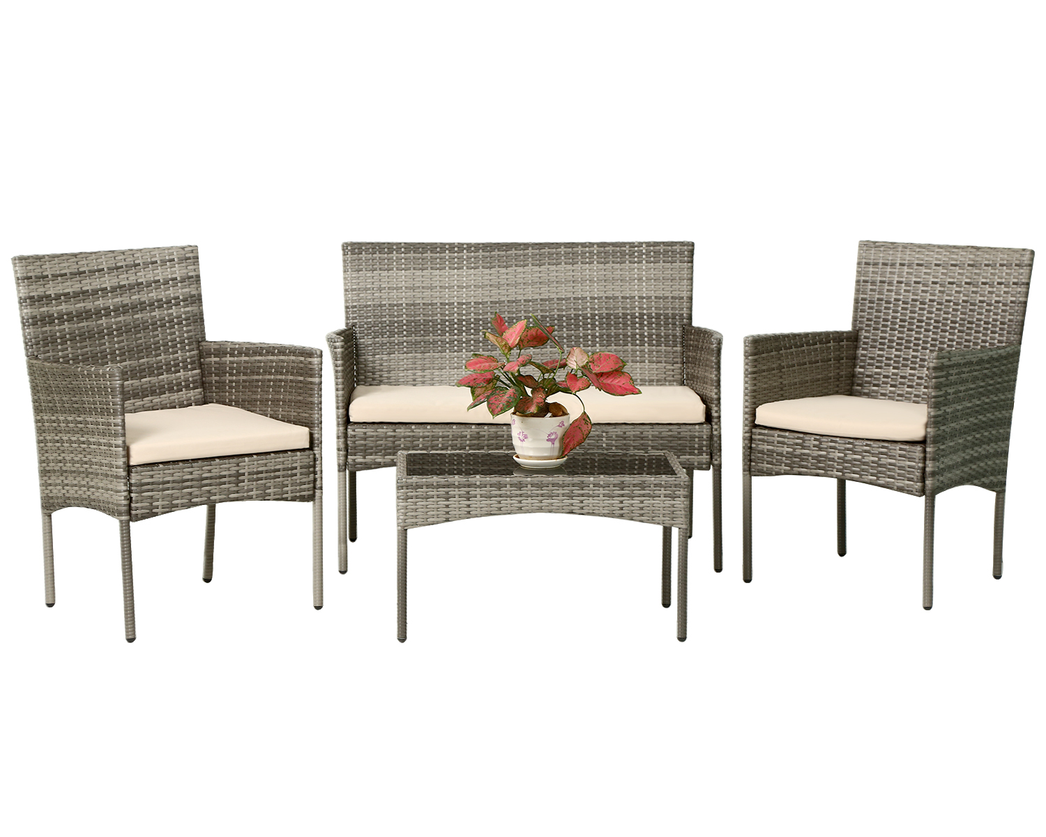 Patio Conversation Set 4 Pieces Patio Furniture Set Wicker with Rattan Chair Loveseats Coffee Table for Outdoor Indoor Garden Backyard Porch Poolside Balcony,Gray Wicker/Khaki Cushions - image 1 of 7