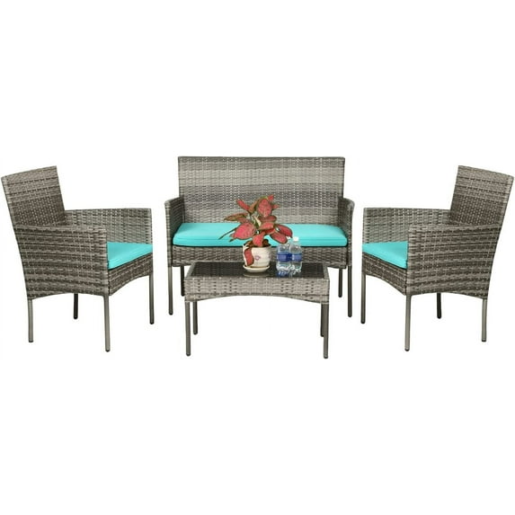 FDW 4-Pieces Outdoor Conversation Sets with Coffee Table, Gray/Blue