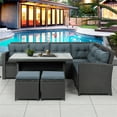 thumbnail image 1 of Patio Conversation Set, 6 Piece Outdoor Patio Furniture Sets with Loveseat Sofa, Ottoman, Tempered Glass Dining Table, All-Weather Patio Dining Set with Black Cushions for Backyard, Garden, Pool,L4867, 1 of 9