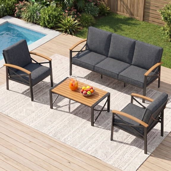 Patio Conversation Set, Rustproof Steel Frame Sofa Combo with Imitation Wood Armrest & Thick Cushion, All Weather Outdoor Patio Conversation Set, Heynemo