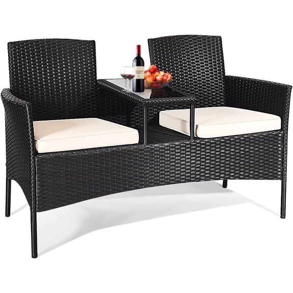 Patio Conversation Set, Modern Rattan Loveseat, Outdoor Furniture Set with Removable Cushions & Table, Patio Wicker Sofa Set, Tempered Glass Top, Ideal for Garden Lawn Backyard