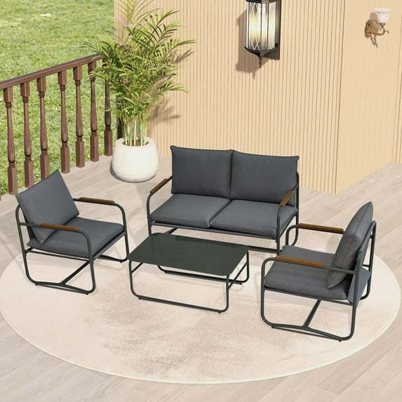 Patio Conversation Set, Syngar 4 Piece Outdoor Sectional Furniture Set with Coffee Table, All Weather Metal Sofa Set with Removable Dark Gray Cushions, for Backyard, Poolside, Deck, Garden