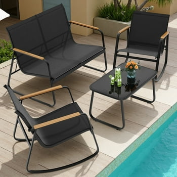 Patio Conversation Sets for 4,Lofka 4 Pieces Patio Furniture Sets with Rocking Bistro Fabric chairs，Garden Loveseat，Glass Coffee Table for Backyard, Poolside, Porch, Lawn,Black
